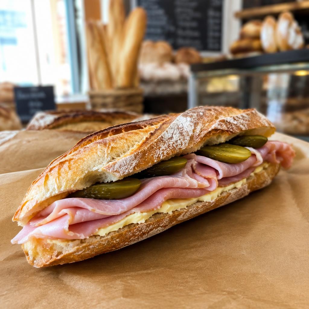 Sandwich baguette jambon beurre cornichons