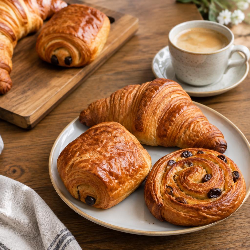 Croissant, pain au chocolat et pain aux raisins avec un café